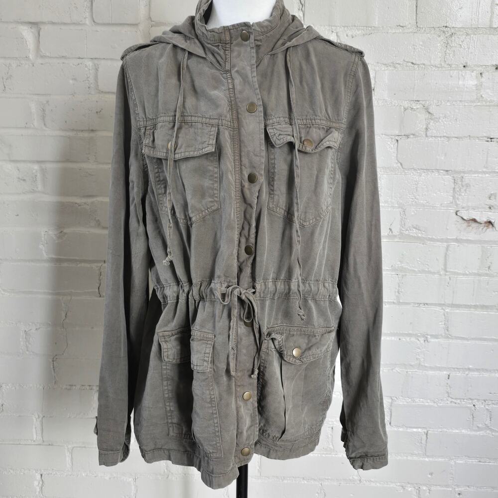 Angie Lyocell Hooded Utility Cargo Military Anorak Jacket Olive Green Medium